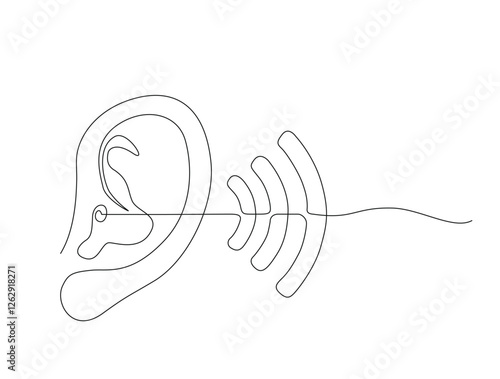 Continuous one line drawing of human ear with wave lline. Human ear in single line draw illustration. Editable stroke.