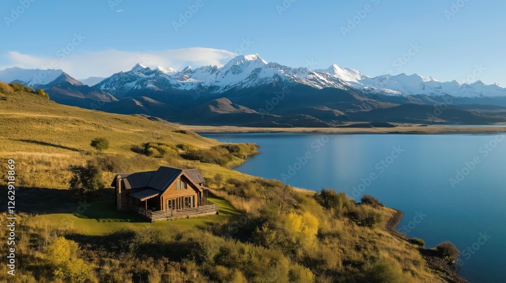 Fototapeta premium Rustic Cabin Nestled Beside Alpine Lake And Snow Capped Mountains