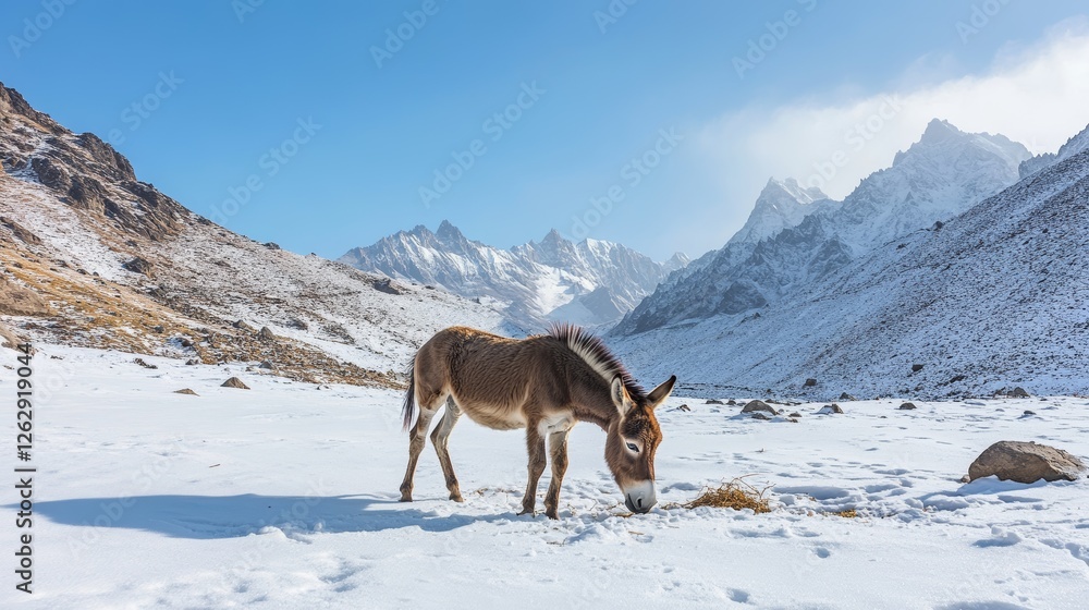 Donkey or Mule walking find food on ground when snowing at Zingral Changla Pass to Leh Ladakh on Himalaya mountain in Jammu and Kashmir, India Donkey or Mule walking find food on ground when snowing at Zingral Changla Pass to Leh Ladakh on Himalaya mountain in Jammu and Kashmir, India