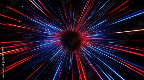 Dynamic red and blue light streaks create a starburst effect, simulating high-speed motion through a cosmic tunnel against a dark starry background