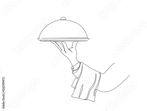 Continuous one line drawing of hand holding tray. Waiter hand holding tray  in single line draw illustration. Editable stroke.