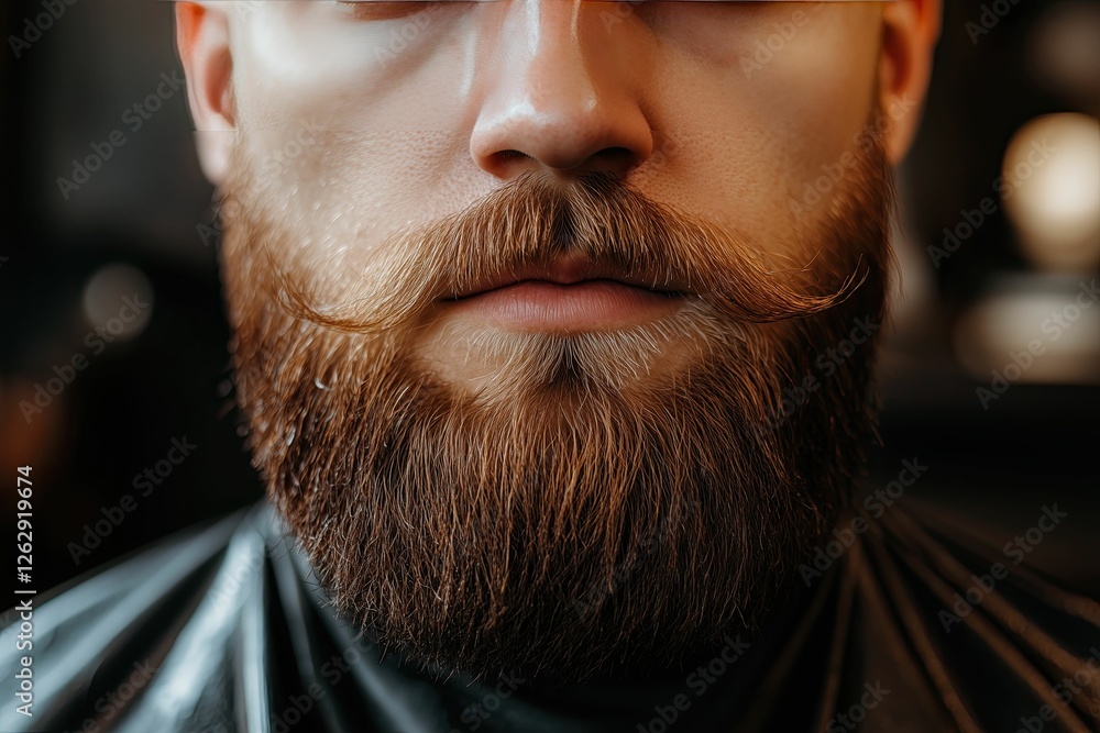 Obraz premium Close-up of a man's face with a well-groomed mustache and beard at a barbershop
