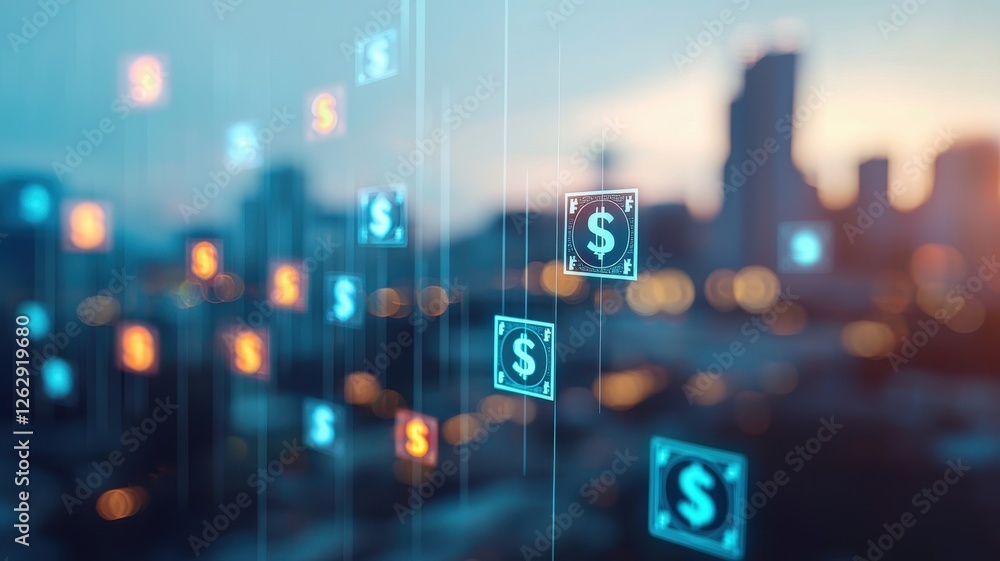 Fototapeta premium A digital cityscape with floating dollar signs, symbolizing finance, technology, and the future of money in an urban environment.
