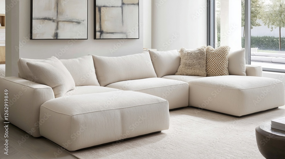 low-profile sectional sofa in a light sand color, styled with textured cushions, in a living room with soft sunlight and abstract wall art low-profile sectional sofa in a light sand color, styled with textured cushions, in a living room with soft sunlight and abstract wall art