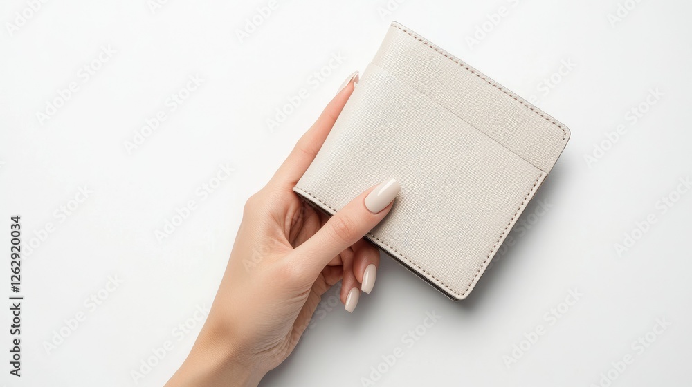 A trendy female hand with carefully styled nails holding a designer wallet with clean, modern lines, isolated on white. A trendy female hand with carefully styled nails holding a designer wallet with clean, modern lines, isolated on white.