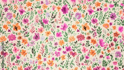 hand painted floral pattern with orange and pink wildflowers on a cream background for fabric, wallpaper, and decor