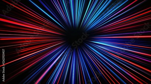 Dynamic red and blue light trails create a starburst effect on a black background, evoking a sense of high-speed motion and futuristic style