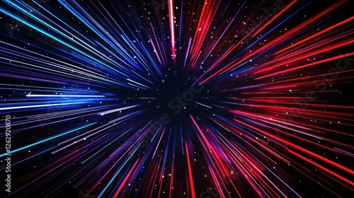 Vibrant red and blue light streaks create a dynamic motion blur effect on a black background, evoking speed and futuristic digital art