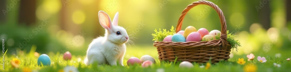 White bunny sits beside a basket overflowing with eggs, decoration, celebration White bunny sits beside a basket overflowing with eggs, decoration, celebration
