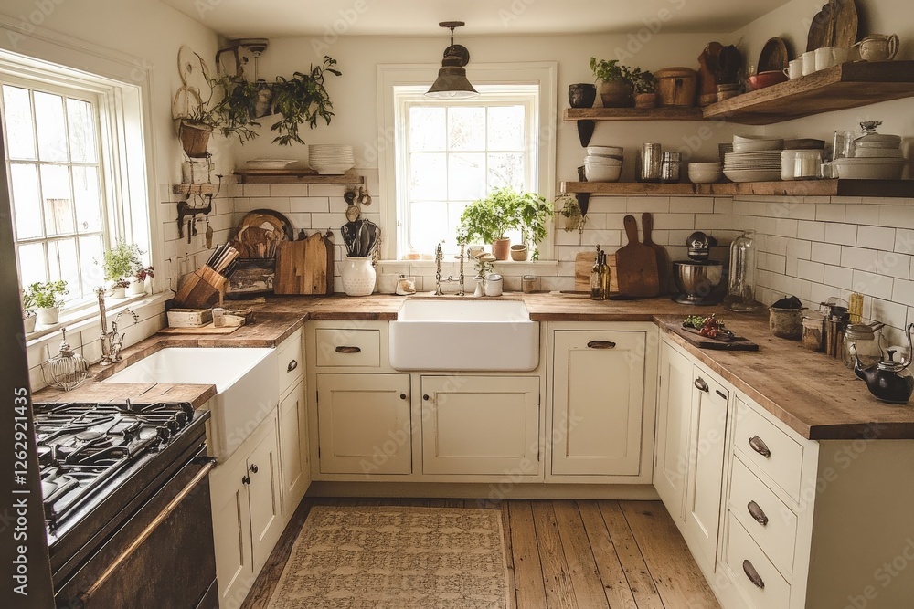 Fototapeta premium Cozy kitchen with rustic decor and natural light illuminating countertops and shelves
