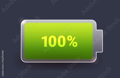 Full charged battery icon in glass morphism style. Green one hundred percent charge indicator on dark background
