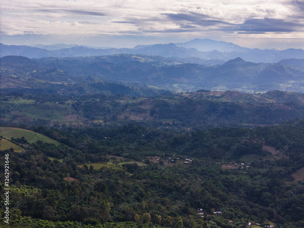 Vast green landscape with mountains in distance during early morning light Vast green landscape with mountains in distance during early morning light