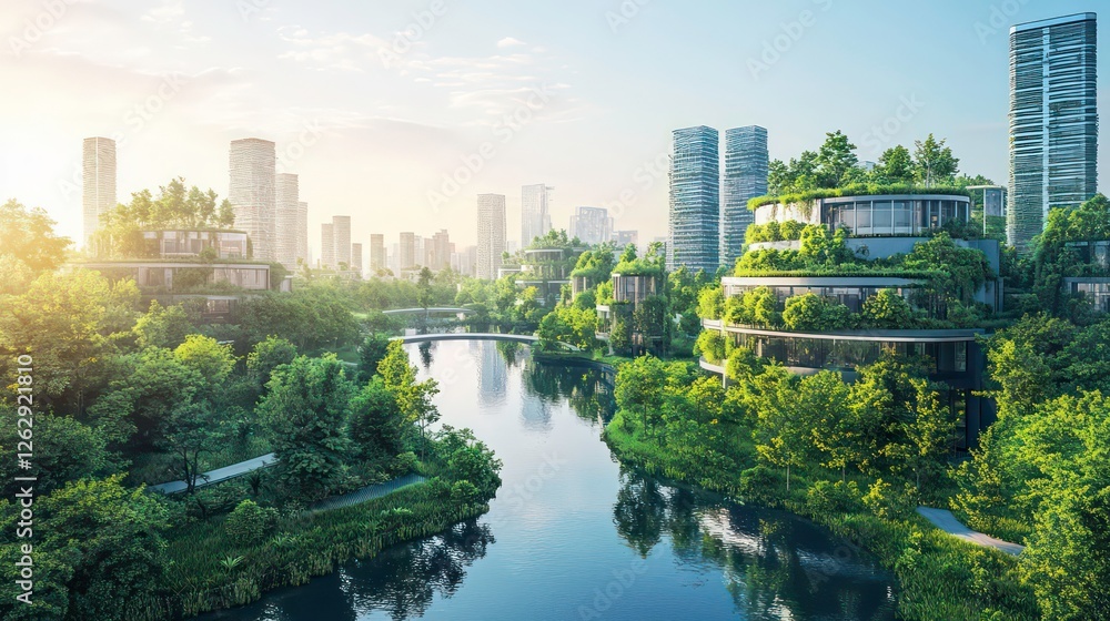 Obraz premium Eco-friendly city skyline at sunrise with lush greenery, river, and modern architecture.