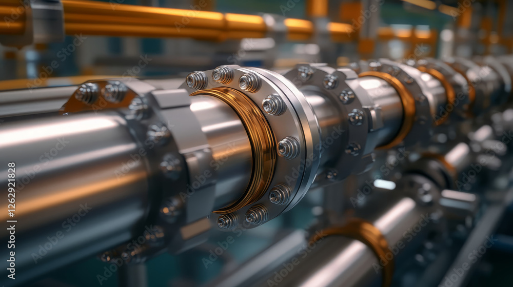 close up of hydrogen pipeline system showcasing metallic pipes and fittings, emphasizing industrial design and engineering precision. image conveys sense of modern technology and infrastructure