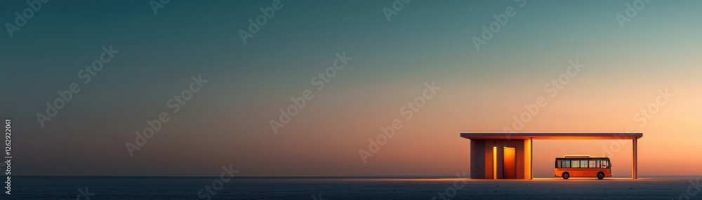 A minimalist solitary bus terminal stands in the remote desert landscape silhouetted against the colorful sky during a stunning sunset or sunrise A minimalist solitary bus terminal stands in the remote desert landscape silhouetted against the colorful sky during a stunning sunset or sunrise