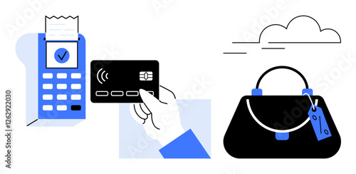 Hand holding credit card near contactless POS terminal for payment, shopping bag with tag beside cloud. Ideal for retail, e-commerce, digital payment, transactional security, modern shopping