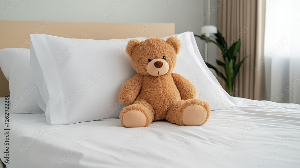 close up of plush teddy bear resting on bed, surrounded by soft pillows and cozy atmosphere, evokes feelings of comfort and nostalgia close up of plush teddy bear resting on bed, surrounded by soft pillows and cozy atmosphere, evokes feelings of comfort and nostalgia