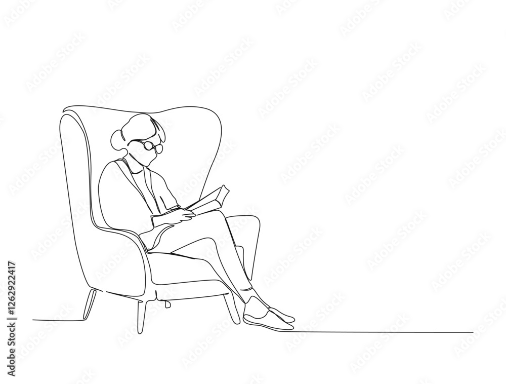 Continuous one line drawing of woman reading book on the armchair. A man reading book in single line draw illustration. Editable stroke. Continuous one line drawing of woman reading book on the armchair. A man reading book in single line draw illustration. Editable stroke.