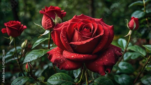 Stunning Red Rose Bushes in a Serene Green Forest Surrounded by Nature
