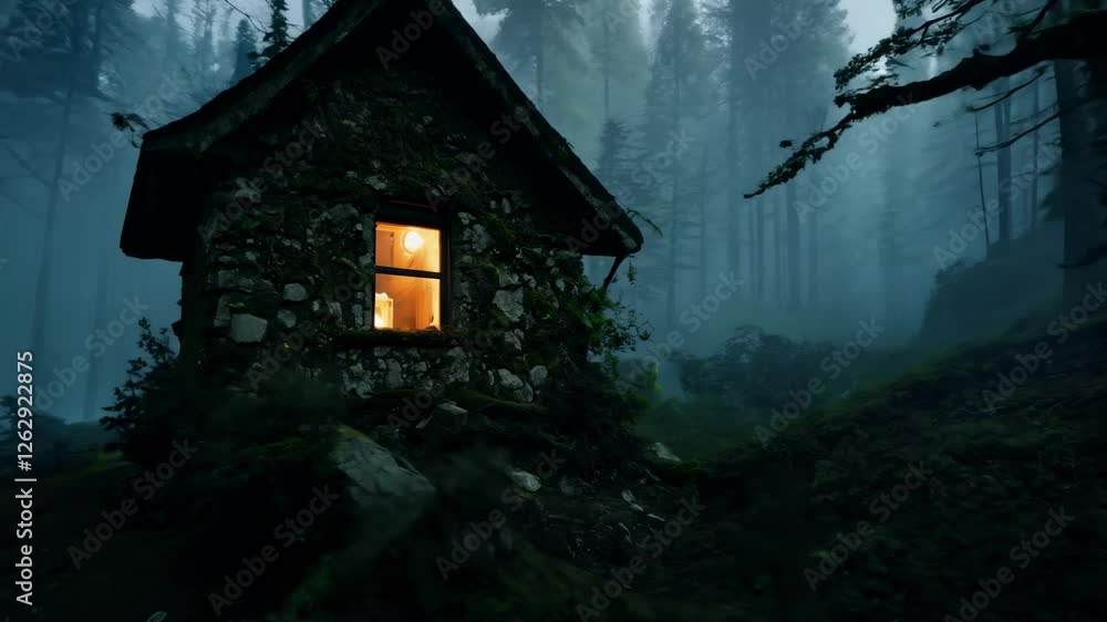 A mysterious stone house in the middle of a dark, mossy forest. The window glows in the dark. The dark forest surrounds the house, but its glowing window offers a glimpse of light. A mysterious stone house in the middle of a dark, mossy forest. The window glows in the dark. The dark forest surrounds the house, but its glowing window offers a glimpse of light.
