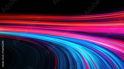 Vibrant red and blue light streaks create a dynamic motion blur effect, conveying speed and energy against a dark background