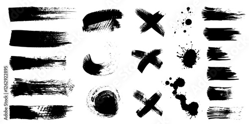 Paint brush, ink splatter, crosses, stains and paint strokes. Set of ink grunge paintbrush strokes and splash of paints. Artistic textures collection. Dirty vector design elements, backgrounds