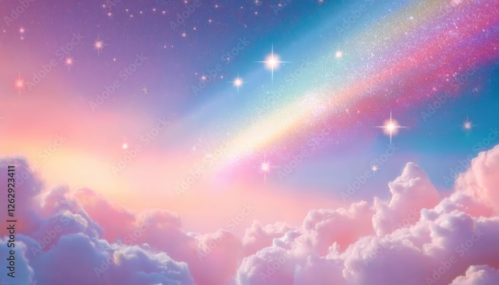 Fototapeta premium ethereal pastel dreamscape with pink clouds, rainbow light, and glowing stars for fantasy art, background, and design