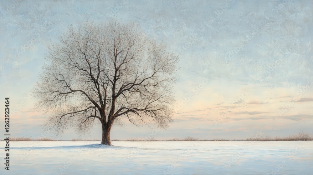 The lone tree, with its bare branches dusted in snow, stands elegantly against the muted hues of a winter sky The lone tree, with its bare branches dusted in snow, stands elegantly against the muted hues of a winter sky