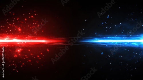 Dynamic red and blue light trails on a black background evoke a sense of speed and futuristic motion, with a symmetrical composition and neon effects