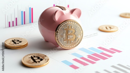 A pink piggy bank with Bitcoin coin placed over financial charts illustrating investment and savings concept in digital currency markets.