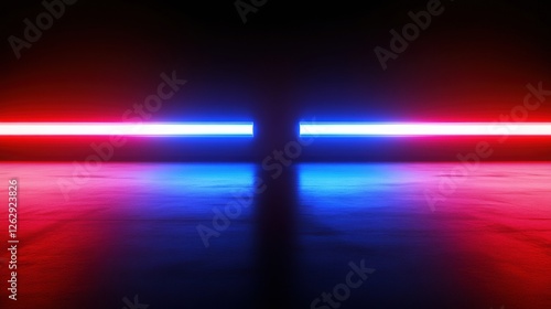 Symmetrical composition of red and blue light trails on a black background, creating a high-speed motion blur with a neon lighting effect