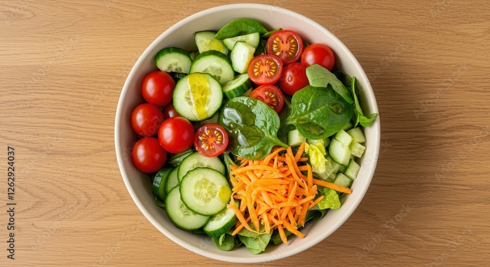 Fresh Vegetable Salad Bowl with Tomatoes Cucumbers and Carrots Top View Fresh Vegetable Salad Bowl with Tomatoes Cucumbers and Carrots Top View