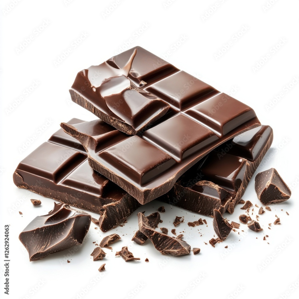 Fototapeta premium Delicious Dark Chocolate Bar Pieces, Sweet Treat, Broken Chocolate Squares, Melted Chocolate, Chocolate Texture, Close-up Shot, Food Photography