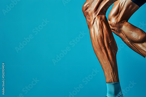 A close-up photo highlighting the straining calf muscles of a cyclist during a competitive uphill climb blue background photo