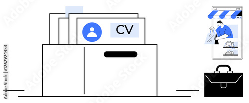 Box containing CVs, identifiable by profile picture and CV label. Right shows person applying online and a briefcase icon. Ideal for job hunting, organization, career planning, recruitment, online