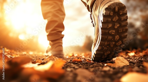 Close-up of a hiker's boot on a trail, surrounded by autumn leaves, glowing in the warm golden sunlight. Captures the essence of adventure and outdoor exploration during fall. photo