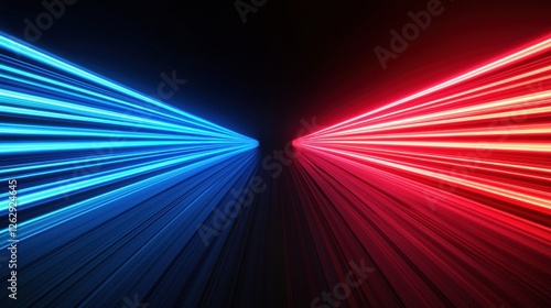 Symmetrical composition featuring red and blue light trails on a black background, creating a high-speed motion blur with a star trail effect