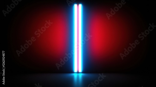 Bright red and blue neon light bars on a black background, creating a symmetrical and futuristic design with a high-speed motion blur effect