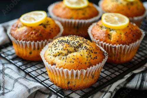 Freshly Baked Lemon Poppy Seed Muffins on Wire Rack photo