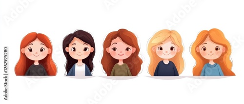 Five cartoon-style girls with varying hair colors and styles, showcasing diverse looks and expressions.