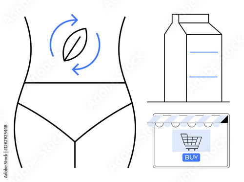 Human torso outline with digestive system symbol, milk carton, and online shopping window with BUY button. Ideal for diet, nutrition, fitness, e-commerce, wellness, healthy living abstract line flat