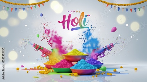 A colorful and energetic celebration of Holi, featuring vibrant powder explosions in various hues with festive bowls and traditional marigold garlands photo