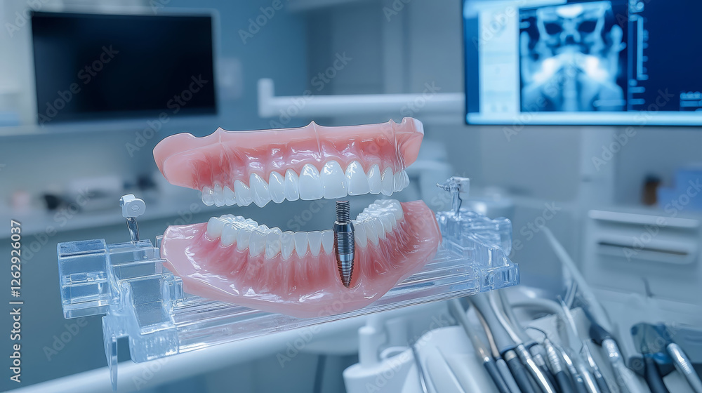 detailed image of dental implant model displayed in dental clinic, showcasing implant placement in realistic dental arch. setting is modern and clinical, emphasizing dental technology detailed image of dental implant model displayed in dental clinic, showcasing implant placement in realistic dental arch. setting is modern and clinical, emphasizing dental technology