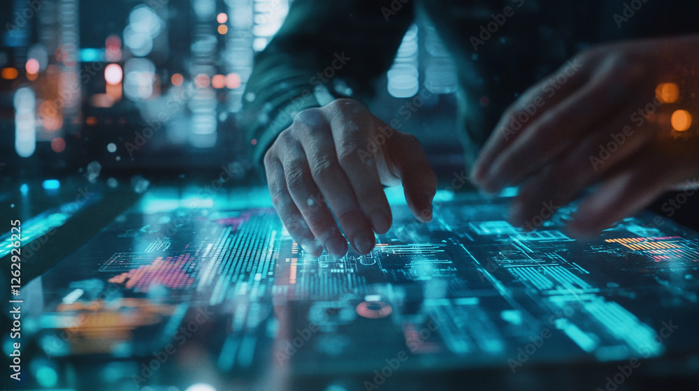 A close-up of a digital marketer's hands working on a content calendar for social media platforms, surrounded by data metrics A close-up of a digital marketer's hands working on a content calendar for social media platforms, surrounded by data metrics