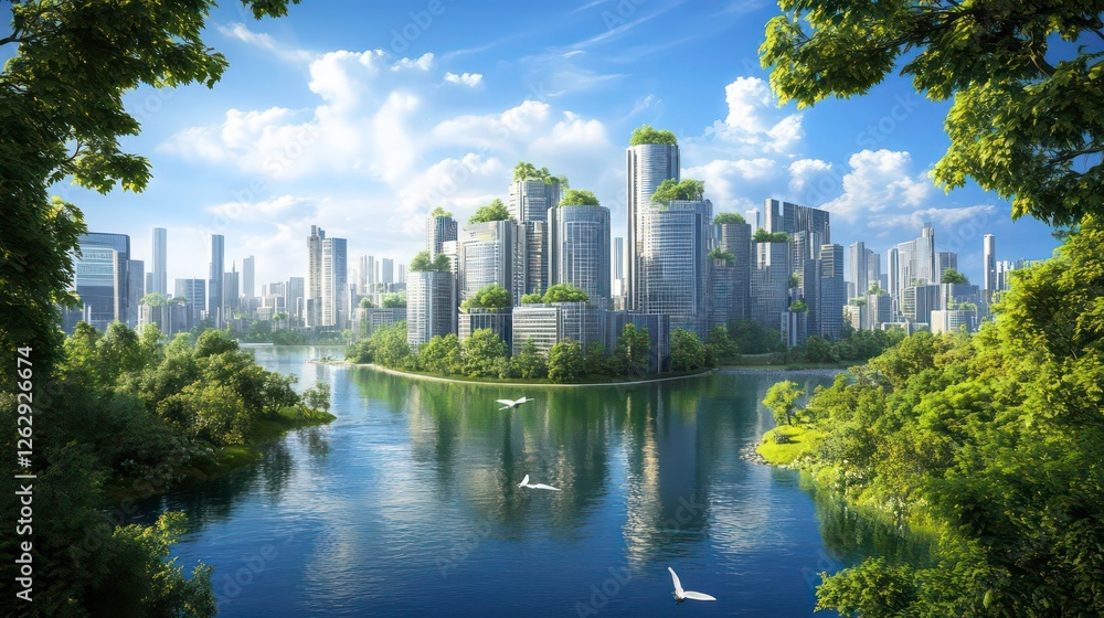 Obraz premium Eco-friendly futuristic city skyline on a lake, surrounded by lush greenery.