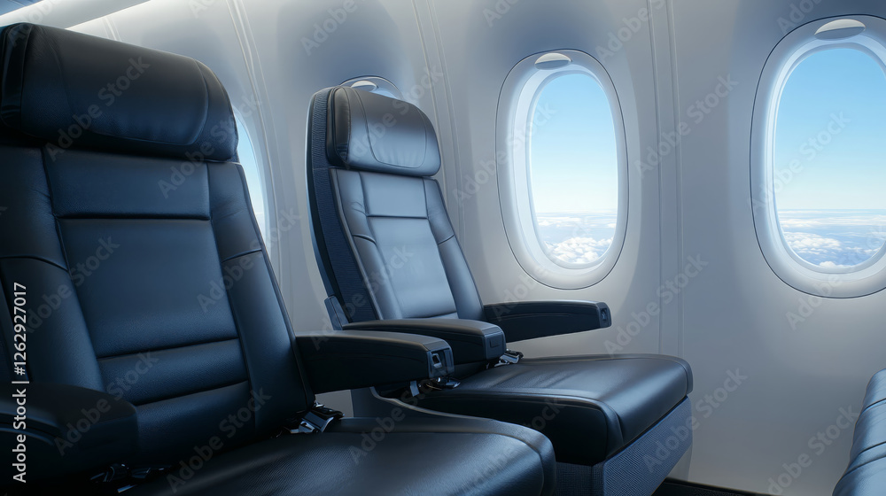 detailed shot of empty airplane seats with armrests, showcasing modern cabin interior and large windows revealing beautiful sky detailed shot of empty airplane seats with armrests, showcasing modern cabin interior and large windows revealing beautiful sky