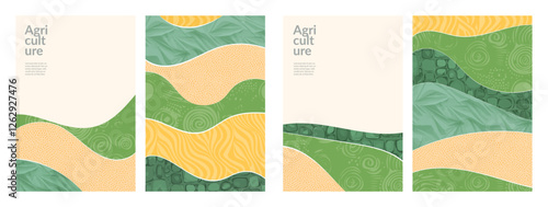 Organic agriculture rice field and farmland green background. Eco-friendly design. Flat graphic pattern of nature. Vintage brochure cover, Japanese abstract illustration. Poster template, agro layout
