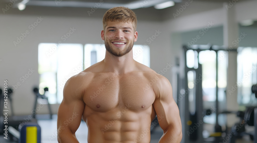 Obraz premium fit and muscular man in sportswear smiling confidently in gym setting. His toned physique showcases dedication to fitness and health, inspiring others to pursue their goals