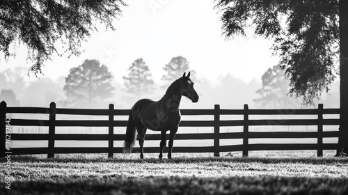 Silhouette of a beautiful proud horse standing behind a fence in a paddock on a farm. Farm animals. Black and white photo. Horse stable on a farmland 