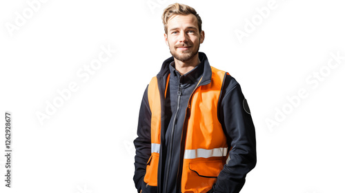 Cutout of Young Logistic Worker in Orange Safety Vest 